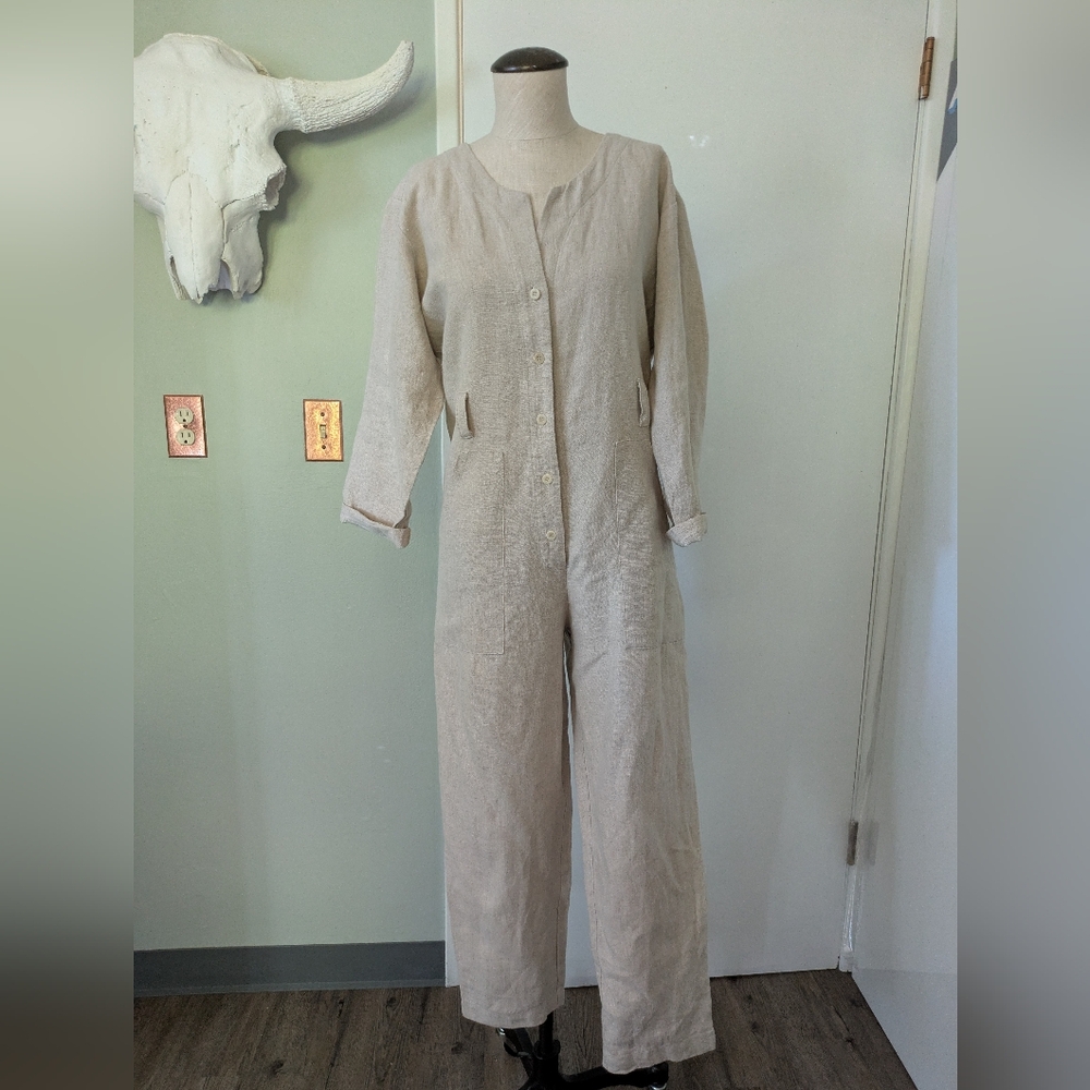 OZMA California Casual Linen Jumpsuit S Natural Tan Canerom - Picture 14 of 15
